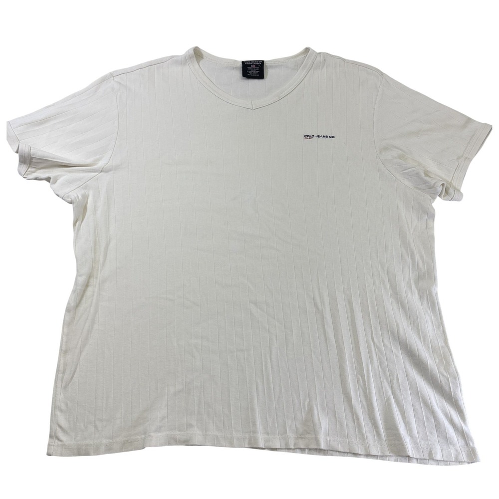 Polo Jeans Co Ralph Lauren Men XL Cream Ribbed V-Neck TShirt Short Sleeve Cotton